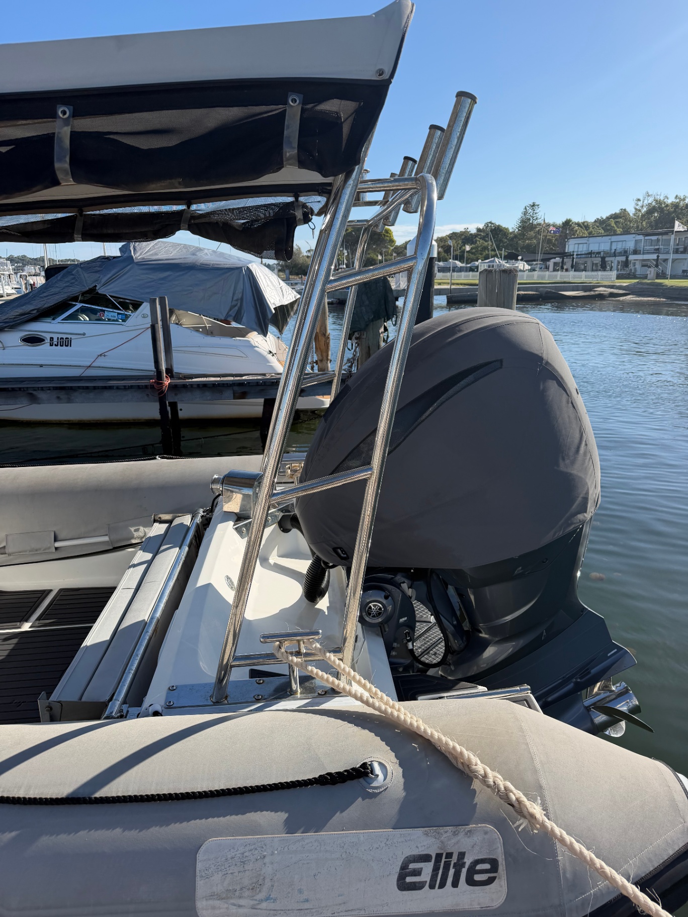 RIB tender outboard and boarding ladder